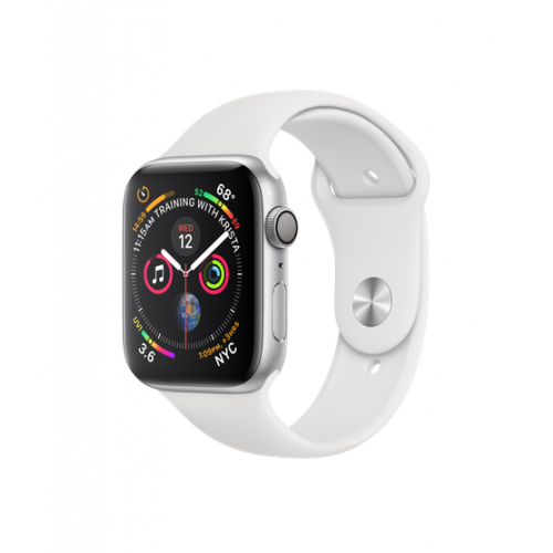Apple Watch Series 4 GPS se 44mm pouzdrem ze stříbrného hliníku a bílým sportovním řemínkem